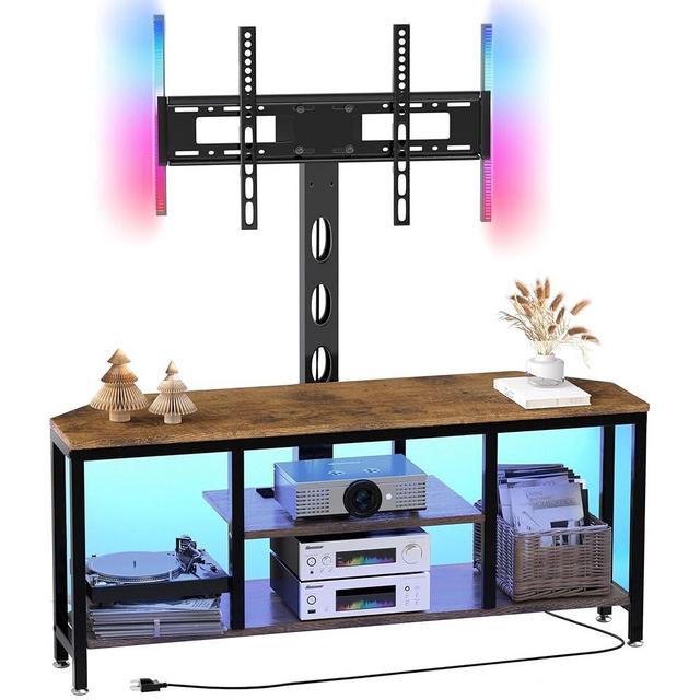 BACEKOLL TV Stand with Mount and LED Light, Corner TV Stand with Storage and Power Outlet, Swivel Television Stand Console for TV Up to 65", Entertainment Center for Living Room, Bedroom, Rustic Brown