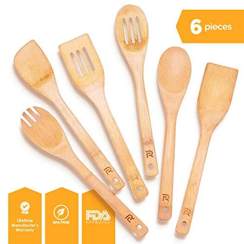 Riveira Wooden Spoons for Cooking 6-Piece Bamboo Utensil Set Apartment Essentials Wood Spatula Spoon Nonstick Kitchen Utensil Set Premium Quality Housewarming Gifts Wooden Utensils for Everyday Use