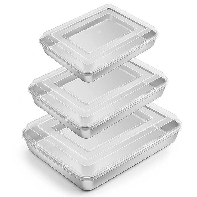 Baking Pan with Lid(12.4/10.4/9.4 inch), E-far Stainless Steel Rectangular Sheet Cake Pans with Cover, Metal Bakeware Sets for Lasagna Casseroles Brownie, Non-toxic & Dishwasher Safe - 3 Pans + 3 Lids