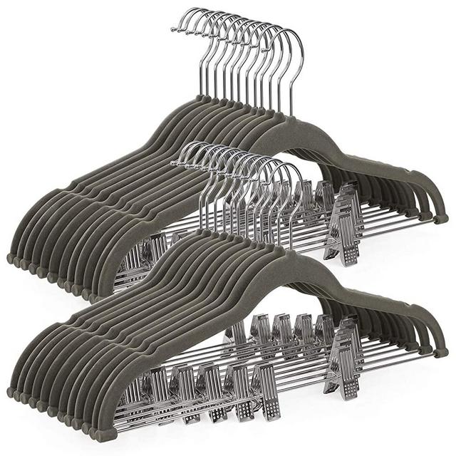 SONGMICS 30 Pack Skirt Hangers, 16.7 Inch Velvet Pants Hangers, with Adjustable Clips, Heavy Duty, Non-Slip, Space-Saving, for Pants, Skirts, Coat, Dresses, Trousers, Grey UCRF12V30