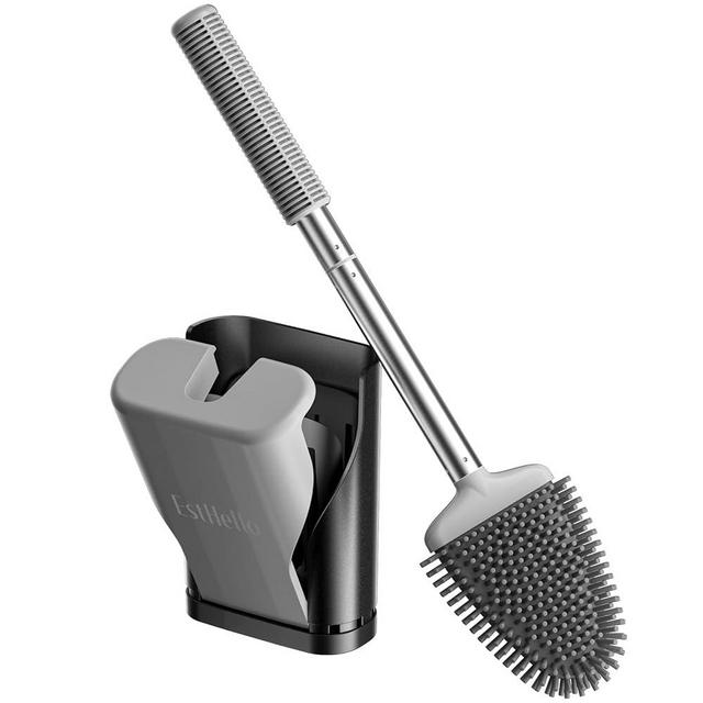 ESTHELLO Toilet Brush with Automatic Opening and Closing Holder, Silicone Toilet Bowl Cleaning Brush with Stainless Steel Handle, Compact Flexible Toilet Scrubber for Bathroom Cleaning, Grey and Black