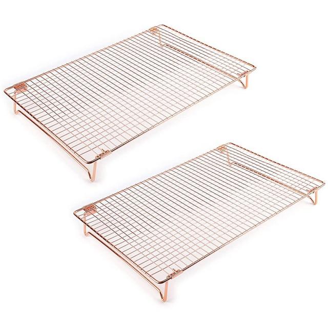 Kingrol 2 Pack Stainless Steel Cooling Racks with Collapsible Folding Legs, Stackable Grid Wire Racks for Cooking and Baking, Rose Gold