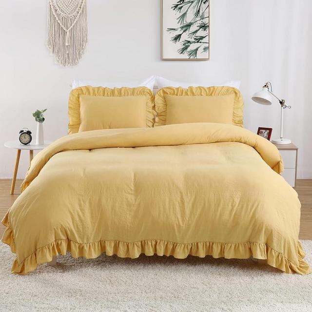 Ruffle Duvet Cover King Size, 3PCS Soft Washed Microfiber Vintage French Country Duvet Cover Set with Button Closure, Yellow, 104x90 in
