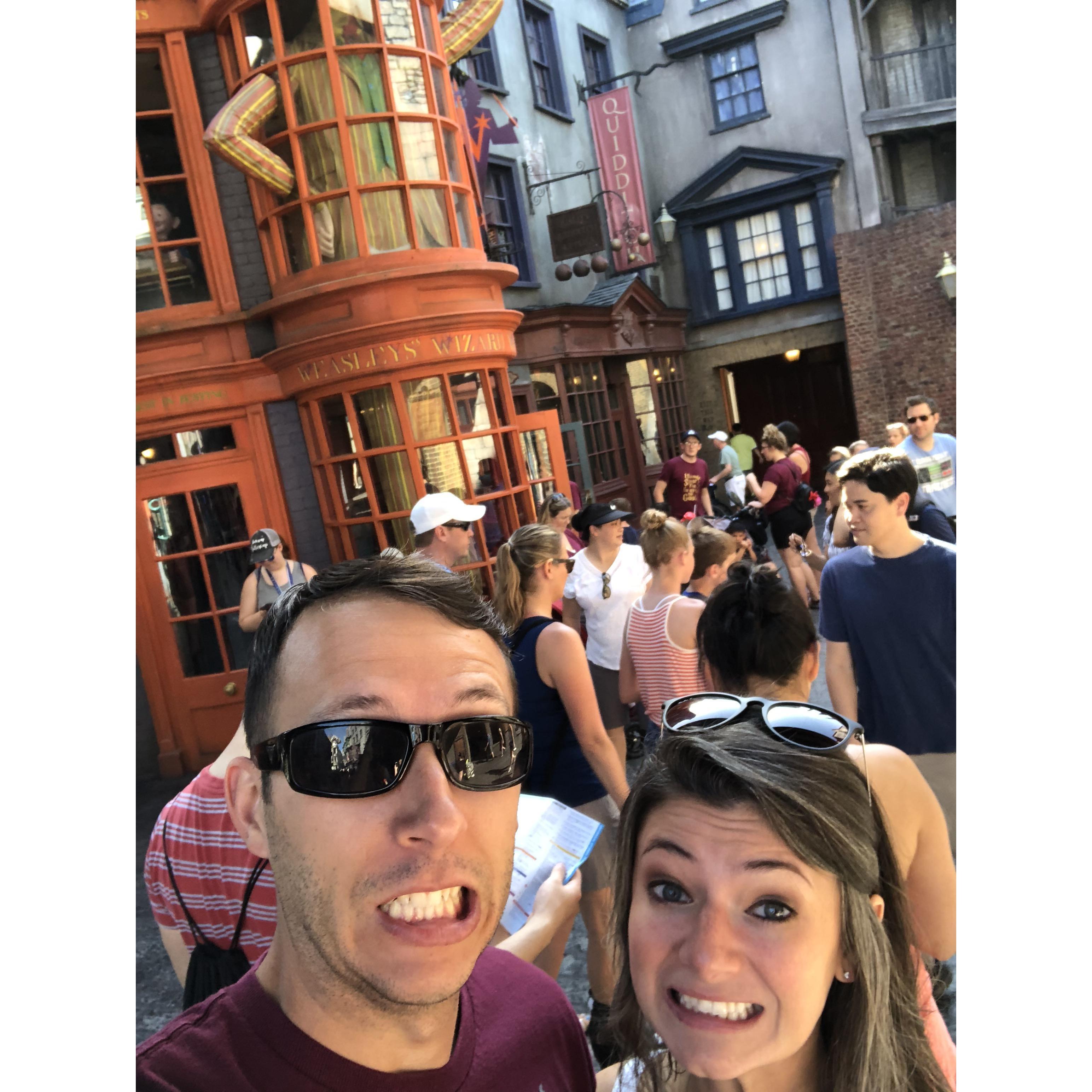 Diagon Alley in Universal would be our happy place with way too many people.