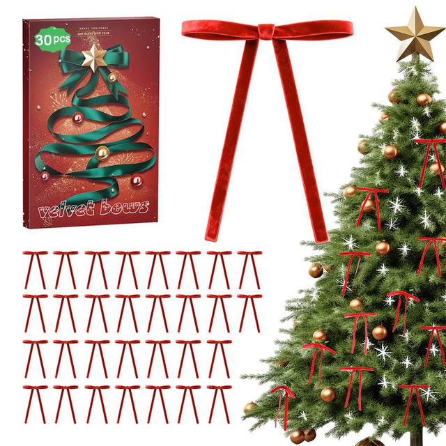 Red Velvet Bows for Christmas Tree - 30Pcs Vintage Ribbon Bows for Tree Decorations, 3/8" Small Bows for Garland, Wreath, Fireplace, Door, Gift Wrapping, Holiday Decor (5 x 7 Inch)