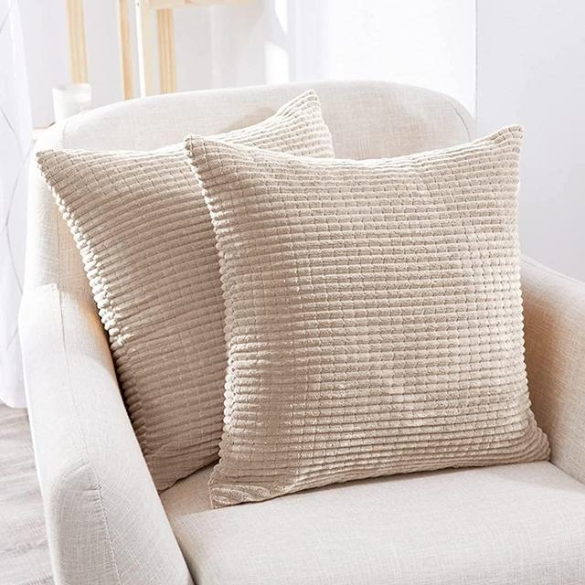 Deconovo Set of 2, Corduroy Stripe Cushion Cover, 24x24 Inch, Cream Throw Pillow Cover, Machine Washable Cushion Covers for Bedroom Living Room
