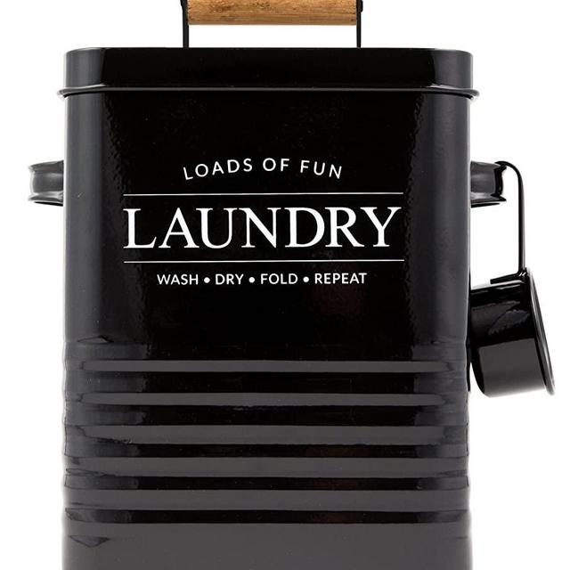 Calindiana Modern Farmhouse Metal Laundry Soap Dispenser Container Holder with Scoop for Laundry Room Decor and Space Saving Laundry Room Organization and Storage, Laundry Powder Container, Black
