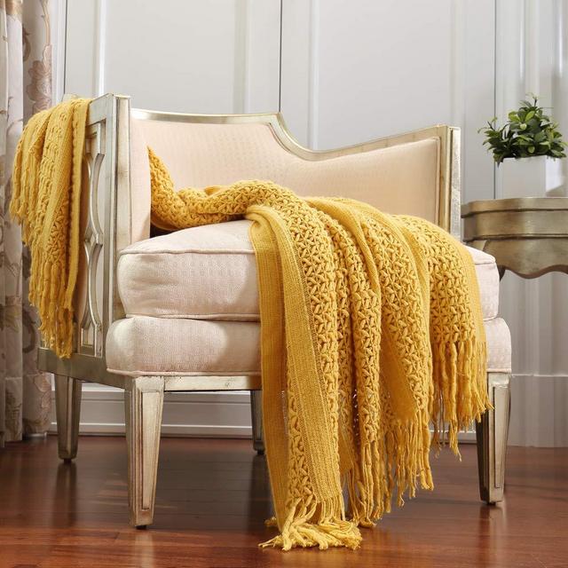 CREVENT Knitted Decorative Throw Blanket for Couch Sofa Chair Bed，Soft Warm Cozy Light Weight (50''X60'' Yellow)