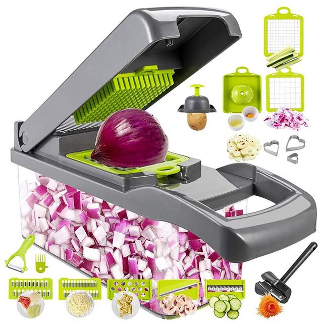 Cyhawcerv 20 PCS Vegetable Chopper Onion Chopper Dicer - DIY Fun Food Tools Cutter Potato Slicer Veggie Chopper Mandoline Slicer with Container Kitchen Gadgets for Fruits,Vegetables and Salad, Grey