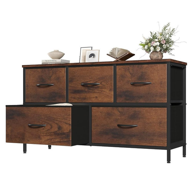 OLIXIS 5 Drawer Dresser for Bedroom, Closet Chest Organizer Furniture, TV Stand for Living Room Hallway, Wide Fabric Storage Tower with Wooden Top and Metal Frame, Brown