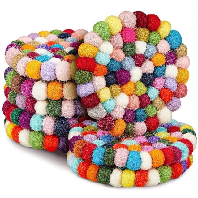 8 Pcs Round Felt Ball Coasters Wool Colorful Absorbent Coasters Handmade Felt Coasters for Drinks Rainbow Felt Coasters Colorful Absorbent Felt Coaster for Drinks Office Home Bar Decor