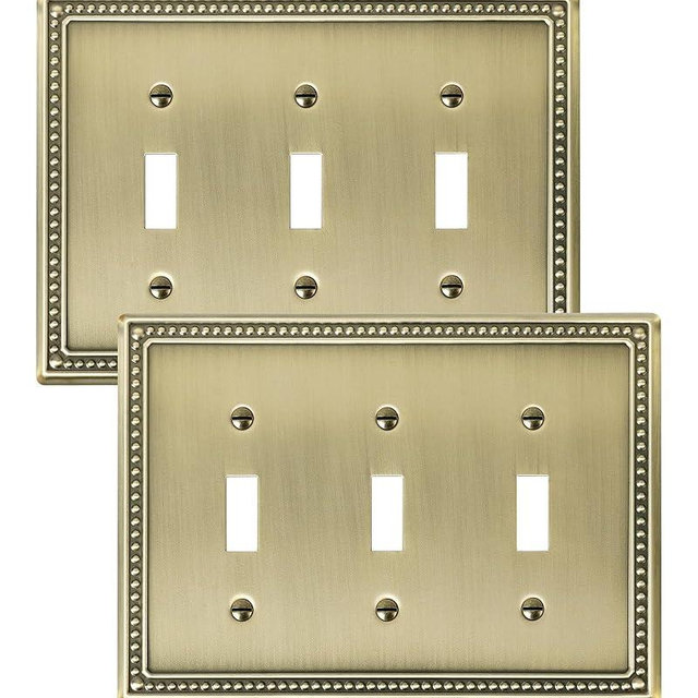 TREEWELL 2-Pack Triple Toggle Light Switch Cover Plate, Pearls Decorative Switch Plate Covers, Antique Brass 3 Gang Metal Wall Plate, Corrosion Resistant