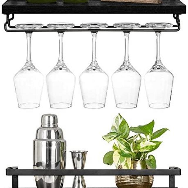 Mkono Wall Mounted Wine Shelves Set of 2 Wood Rustic Wine Bottle Glass Floating Racks with Stemware Hanger Modern Plants Photos Wine Display Storage Holder for Kitchen Dining Room Bar, 17", Black