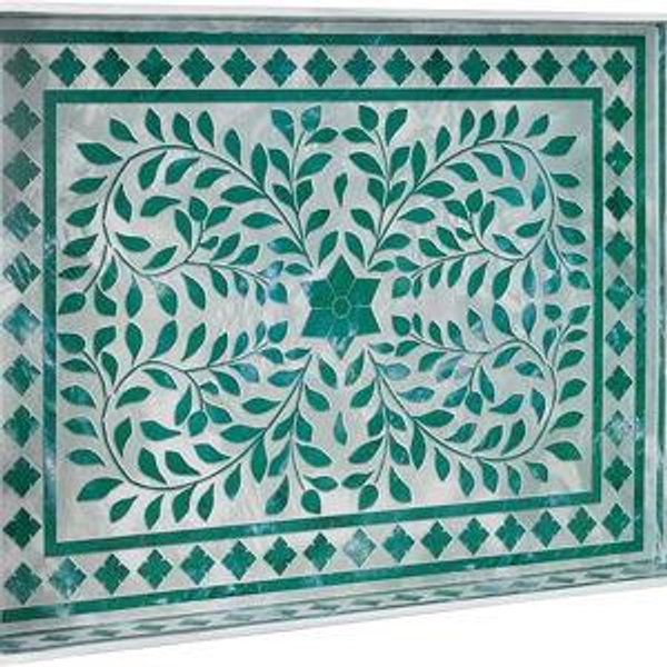 MAONAME Rectangular Decorative Tray, Plastic Serving Tray with Handles, Modern Green Trays for Ottoman, Coffee Table Trays for Living Room, Home Decor, 15.7" x 11.8" x 1.6"