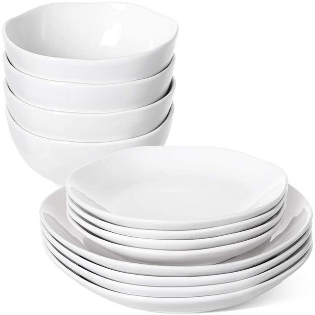 LE TAUCI 12 Piece Dinnerware Set, 4 pcs dinner plates & 4 salad dish & 4 bowl sets, Service for Four person- WHITE