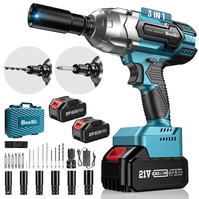 Cordless Impact Wrench, SeeSii Brushless Impact Wrench 1/2 inch Max Torque 479 Ft-lbs(650Nm), 3300RPM w/ 2x 4.0 Battery, 6 Sockets,9 Drill,6 Screws, High Torque Power Impact Wrench for Car Home, WH700
