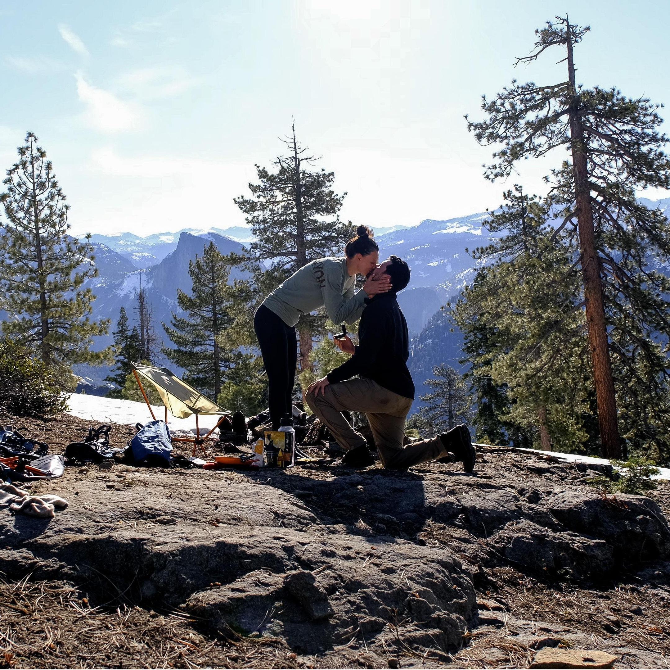 Camden proposed to Courtney in April 2024 during a backpacking trip in Yosemite. Both love hiking and camping in the national park.