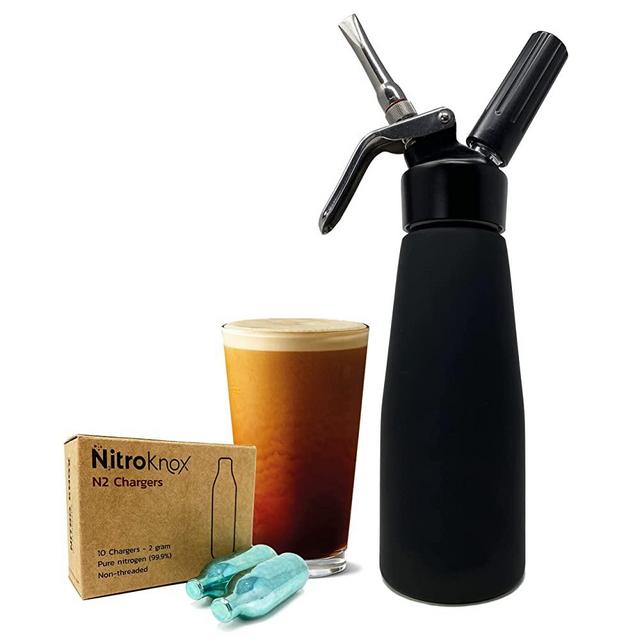 Nitro Cold Brew Coffee Kit by Nitroknox – Custom 1pt Aluminum Metal Head Dispenser, Pure Nitrogen (N2) Gas Chargers Cartridges – NCB Maker with x10 Chargers for Nitro Coffee From Home (Matte Black)