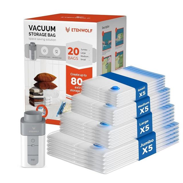 ETENWOLF 20 Pack Vacuum Storage Bags with Rechargeable Wireless Pump, Vacuum Seal Bags for Clothes and Travel, Space Saver Bags in Multiple Carry-On Sizes, Perfect for Luggage and Suitcases