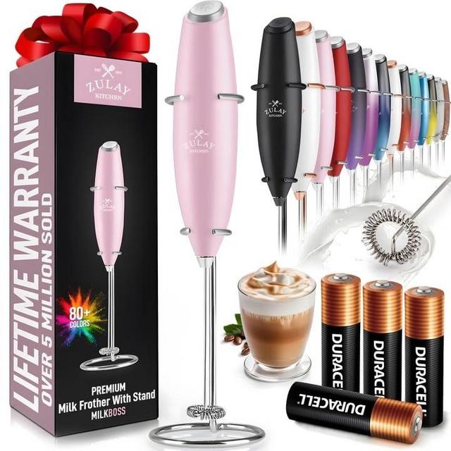 Zulay Powerful Milk Frother (4 Duracell Batteries Included) - Handheld Milk Frother Wand Drink Mixer for Coffee - Powerful Milk Foamer for Cappuccino, Frappe, Matcha & Creamer - Cotton Candy