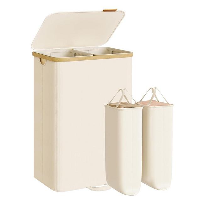 SONGMICS Laundry Hamper, Laundry Sorter with Lid, Storage Basket Bin, Removable Liners, Bamboo Frame, for Bedroom, 2 Sections, 39.6 Gal. (150 L), Cream White ULCB532WD01
