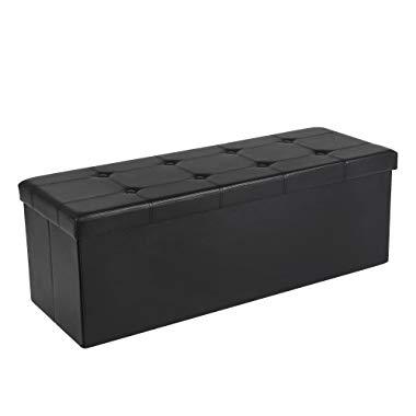 SONGMICS 43 Inches Folding Storage Ottoman Bench, Storage Chest Footrest Padded Seat, Faux Leather, Black ULSF701