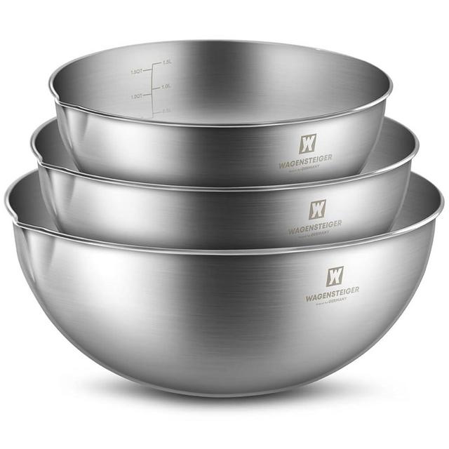 WAGENSTEIGER 3-Piece Stainless Steel Mixing Bowl Set, Silver Color, Nesting Bowls with Pure Spout, Multipurpose Kitchen Basket, 1.56Quarts/3.17Quarts/4.23Quarts (No Color Added)