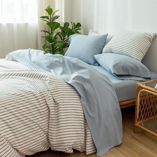 MooMee Bedding Sheet Set 100% Washed Cotton Linen Like Textured Breathable Durable Soft Comfy (Cornflower Blue, Queen)