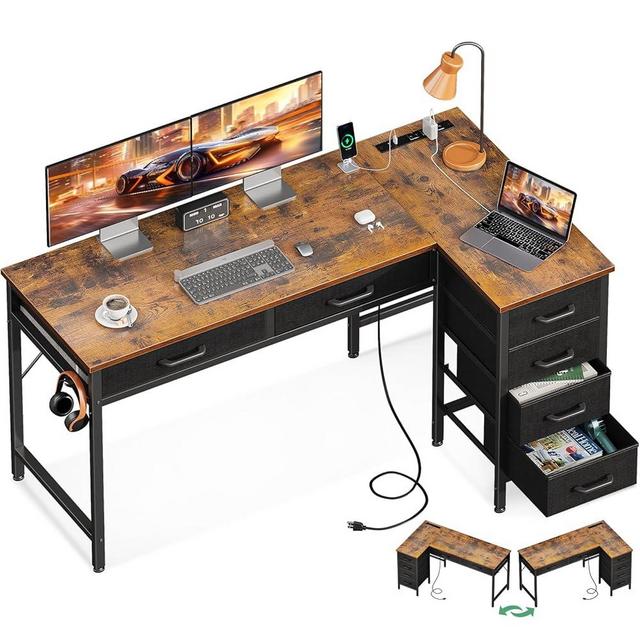 Coleshome 50 Inch L Shaped Desk with Drawers, Computer Desk with Power Outlets, Home Office Desk with 6 Drawers, Reversible Corner Desk for Small Space, Study Work Table with Hook,Vintage