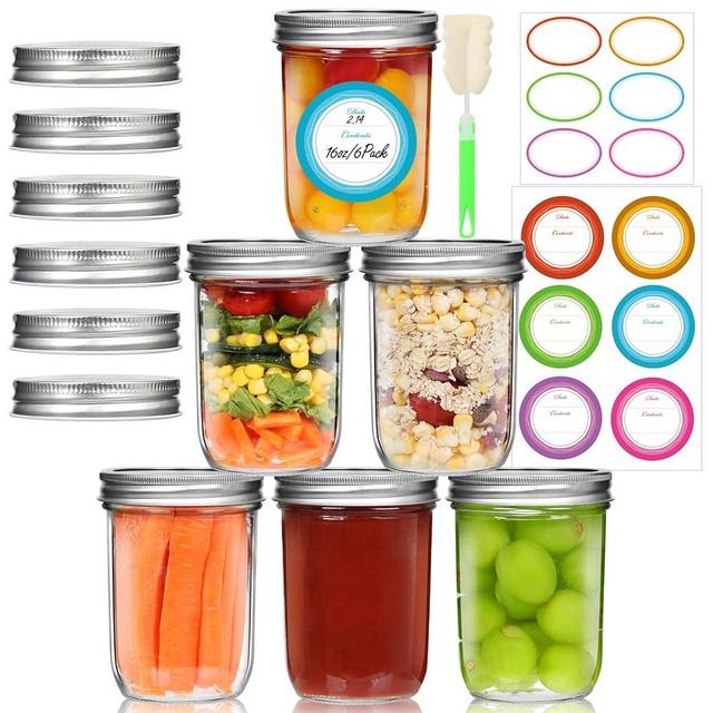 STARSIDE Wide Mouth Mason Jars 16 oz,6 pack Glass Canning Jars with Lables & Silver Metal Airtight Lids for Pickles,Jams,Salad,Food Storage,Shower Favors,Overnight Oats