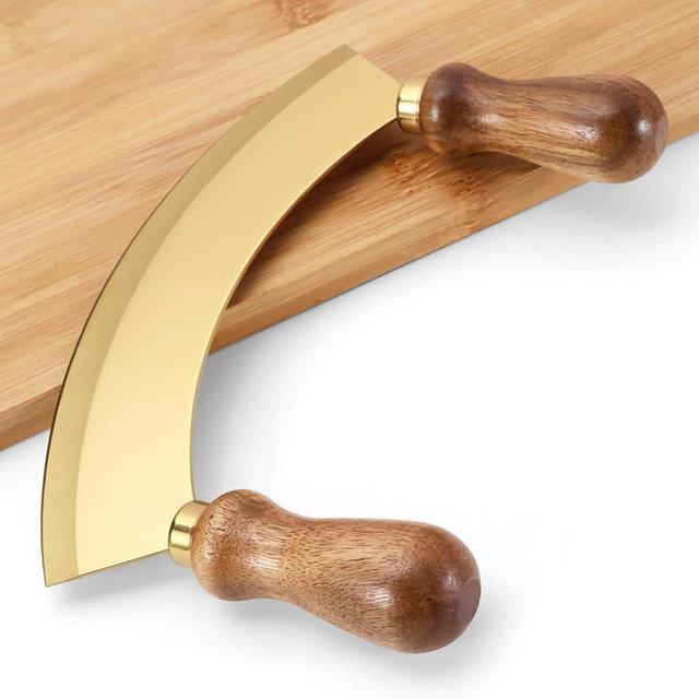 6.8 Inch Stainless Steel Mezzaluna Knife - Salad Chopper Rocker Pizza Cutter Rocker Knife Curved Blade Sharp Blade Double Acacia Wood Handle Fruit Vegetable Mincing (6.8 Inch Gold)