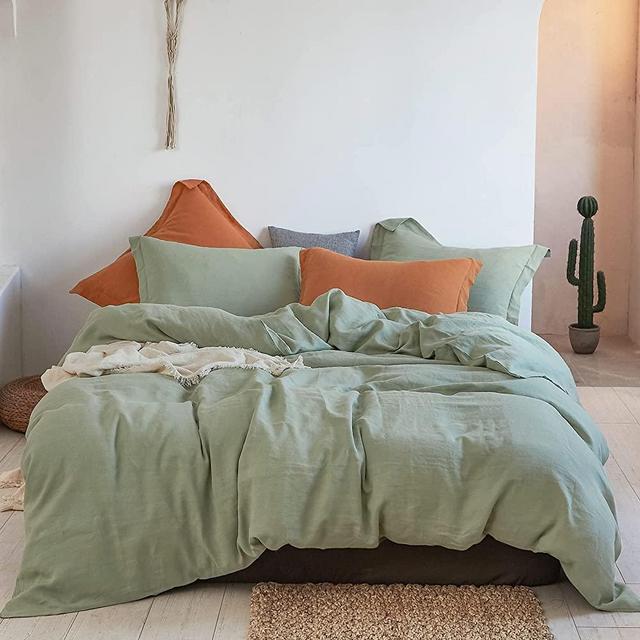 Simple&Opulence 100% Linen Duvet Cover Set 3pcs Natural French Basic Style Washed Flax Solid Color Breathable Soft Farmhouse Bedding with Button Closure (Sage Green, Queen)