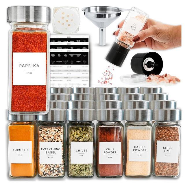 Glass Spice Jars with Label, 24PK Herb Spice Jar Set 4oz Seasoning Containers with Labels, Pepper Grinder, 374 Spice Labels, Spice Bottles Funnel, Empty Spice Jars and Shaker Lids Spice Containers