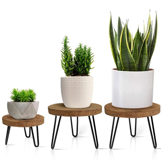 Plant Stand Indoor Outdoor, Wooden plant Stool, Mid Century Plant Stand for Indoor Plants, Wood Modern Plant Holder Rattan Flower, Low Short Boho Rustic Planter Stand Fit 5-15 Inch Pot(S,M,L) 3Pack
