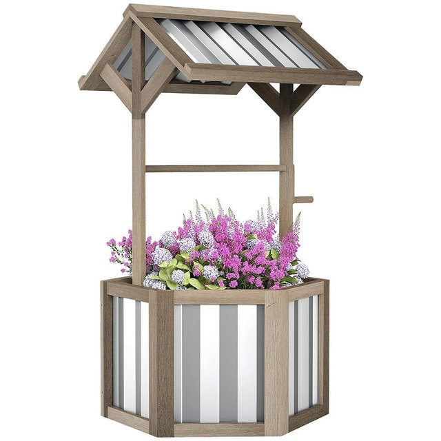 Outsunny Wooden Wishing Well Planter, Raised Garden Bed with Galvanized Canopy, Hexagon Outdoor Planter Box for Flowers, Herbs and Vegetables, Light Gray