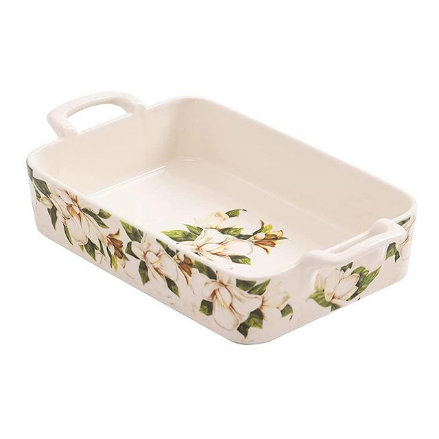 Bico Magnolia Floral Stoneware Baking Dish, Lasagna Pan, Medium Rectangular Baking Pan, Casserole Dish, Microwave, Dishwasher and Oven Safe