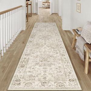 2x10 Washable Neutral Runner Rug Beige Vintage Hallway Kitchen Carpet Non-Slip Soft Low Pile Farmhouse Throw Rug for Bedroom Bathroom Laundry Living Room