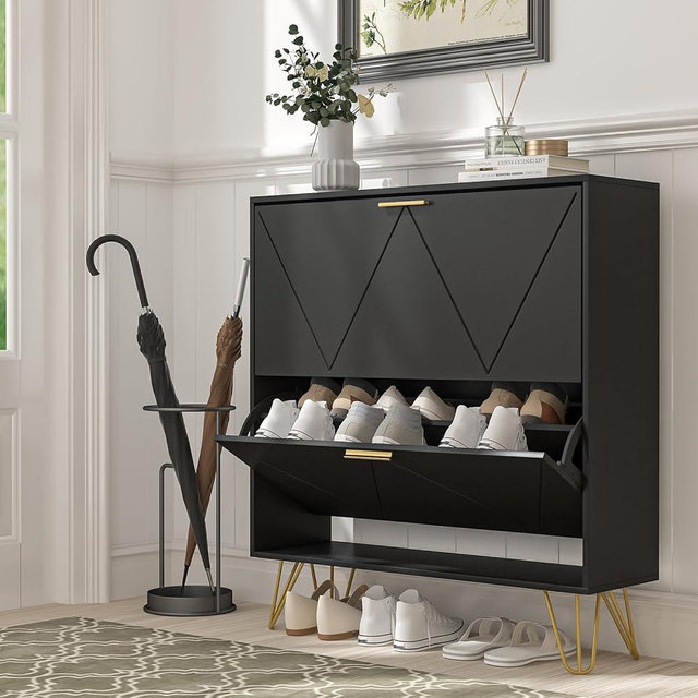 LYNSOM Shoe Cabinet with 2 Flip Drawers, Black Shoe Storage Cabinet, Slim Wooden Freestanding Shoe Rack, Shoe Organizer with Fluted Panel for Entryway Hallway