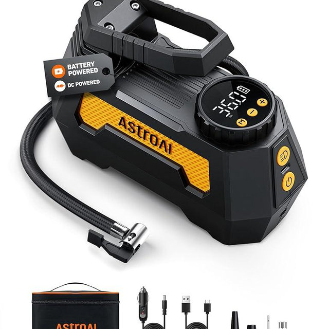 AstroAI H2 Pro Cordless Tire Inflator Portable Air Compressor Fully Upgraded Tire Inflator with DC 12V & Battery Dual Power Supplies Fast Inflation Air Pump for Car Tires Motorcycles Yellow