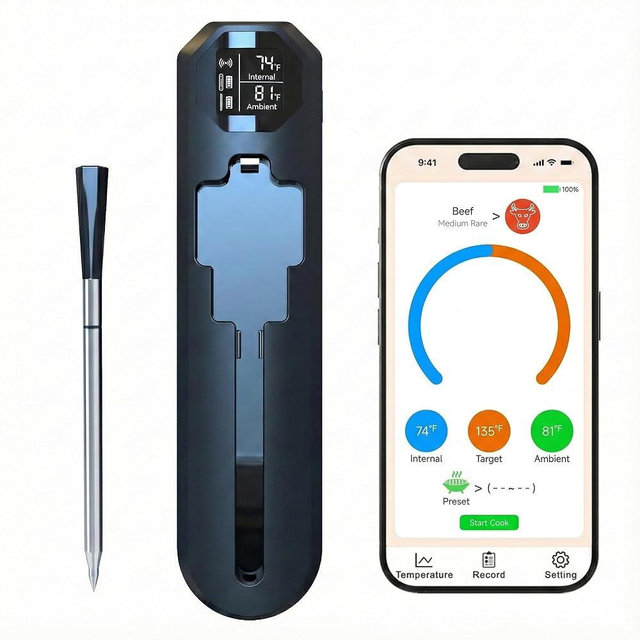 Smart Wireless Meat Thermometer with Display Dock, 820ft Long Range Bluetooth 5.3 Meat Probe for BBQ & Smoker, IP67 Waterproof Dual Sensor Digital Food Thermometer with Ceramic Handle for Oven Grill