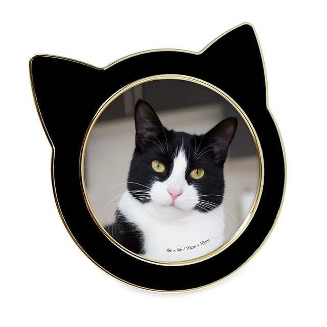 Isaac Jacobs 4x4 Black with Gold Round Enamel Cat Picture Frame w/Ears - Tabletop, Home & Office Décor, (4x4, Black with Gold)