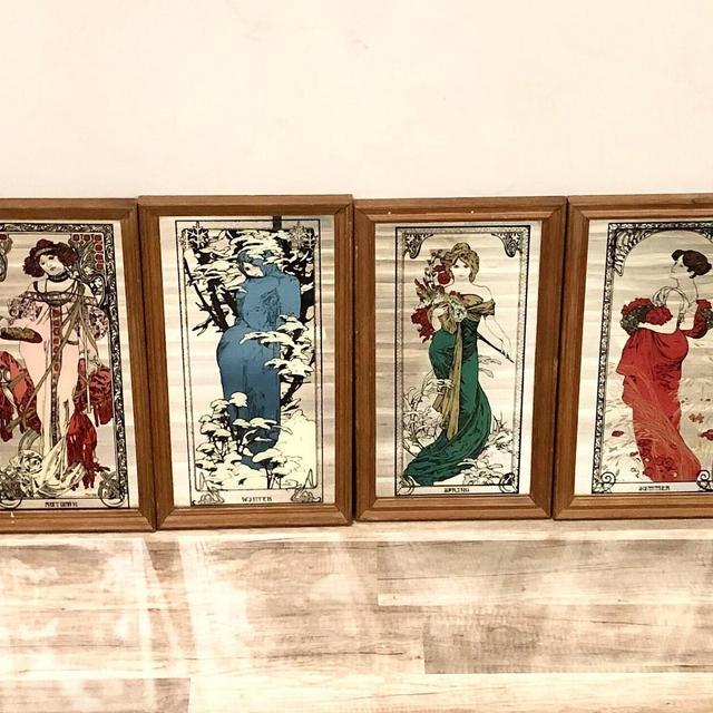 Vintage 1970's Alfonse Mucha Mirrored Art. Alfonse Mucha Seasons Wall Art.