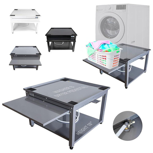 EZ Laundry Pedestal for Washer and Dryer Gray - Fits 27" - Elevates 18" - Pullout Shelf & Drain Pan - Adjustable Feet - Compatible with LG/Samsung/GE - Washer Dryer Pedestal Riser Stand