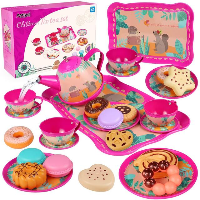Teapot Set for Little Girls 26 Pcs Including Sweets - Cookies, Doughnuts, Macaroons, Princess Tea Party Set for Kids Toddlers Children, Kitchen Pretend Play Toys, Gift for Girls and Boys 3-8 Years old