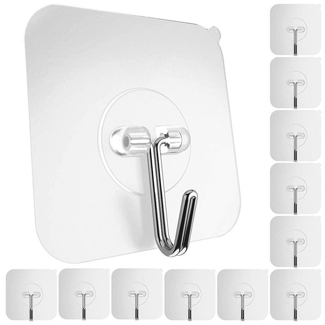 GLUIT Adhesive Hooks for Hanging Heavy duty Wall hooks (22 lb/10kg) Self Adhesive Hook Waterproof Transparent Hooks for Keys Bathroom Shower Outdoor Kitchen Door Home Improvement Sticky Hooks 12-Pack
