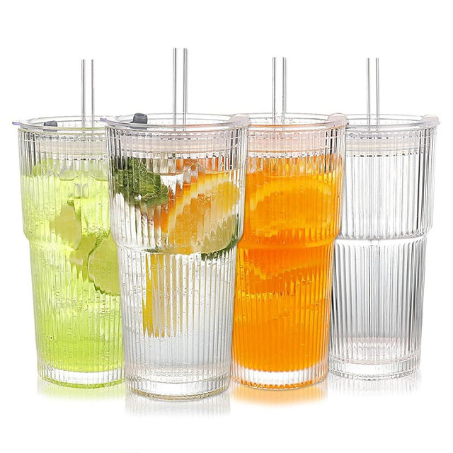 WeirdUncle Ribbed Glass Tumbler with Lids and Straws, 20oz Vintage Clear Glass cups, Large capacity, Unbreakable, Fluted Design, Ideal for Water, Iced Coffee, Juice, Tea, Latte, Gift (4)