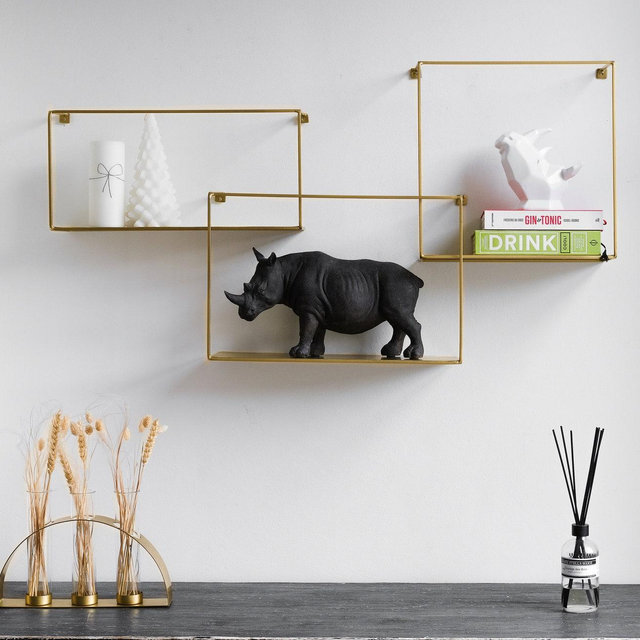 Set of 3 Gold Floating Shelves, Metal...