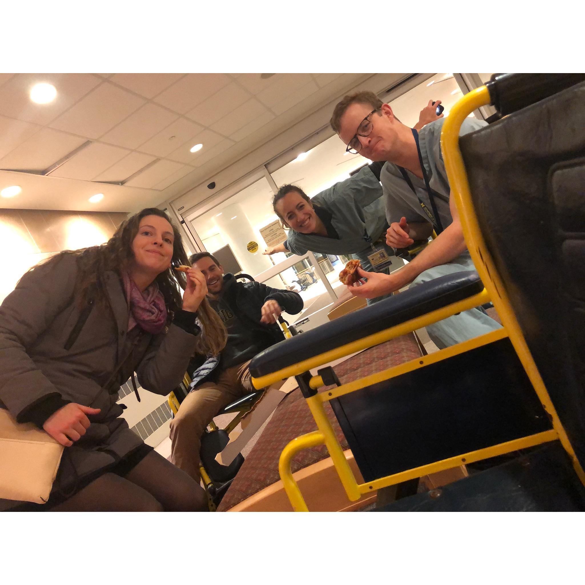Year 3 - Stopping to give some late night pizza to Nathan's co-residents Wes and Michelle!