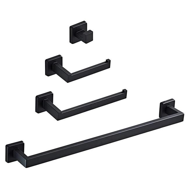 4-Pieces Bathroom Hardware Set Matte Black SUS304 Stainless Steel Square Style Wall Mounted Towel Rack Pack - Includes 24" Towel Single Bar, Hand Towel Bar, Toilet Paper Holder, Robe Towel Hook