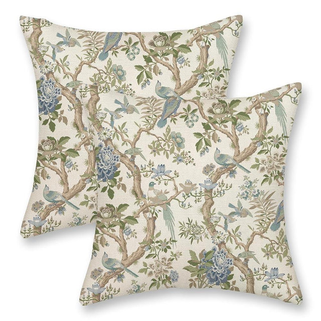 DAFENA Sage Green Blue Pillow Covers 20x20 Inch 2 Pcs Spring Floral Birds Chinoiserie Decor Throw Pillows Vintage Flower Seasonal Outdoor Decoration Pillowcase Linen Cushion Cover for Couch Sofa